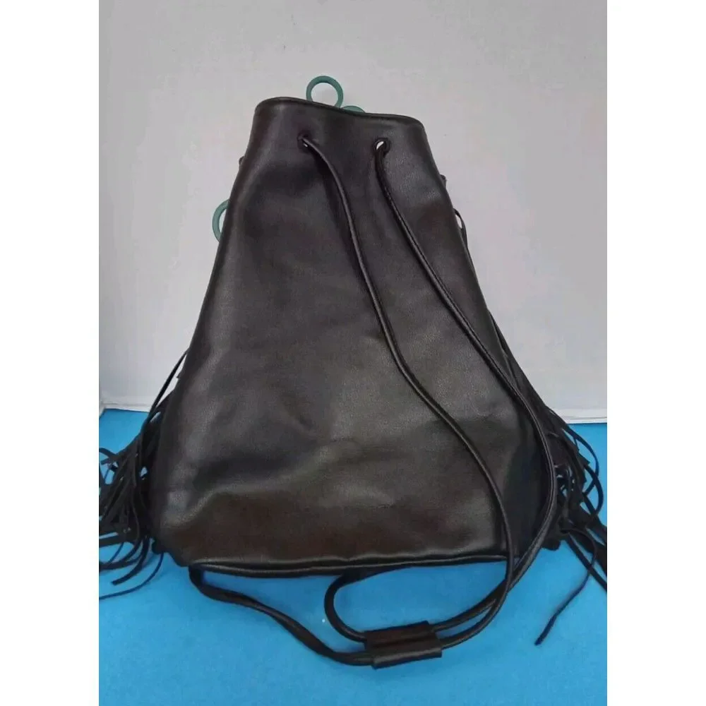 Victoria's Secret Black Faux‎ Leather Drawstring Bucket Bag with Fringe Detail